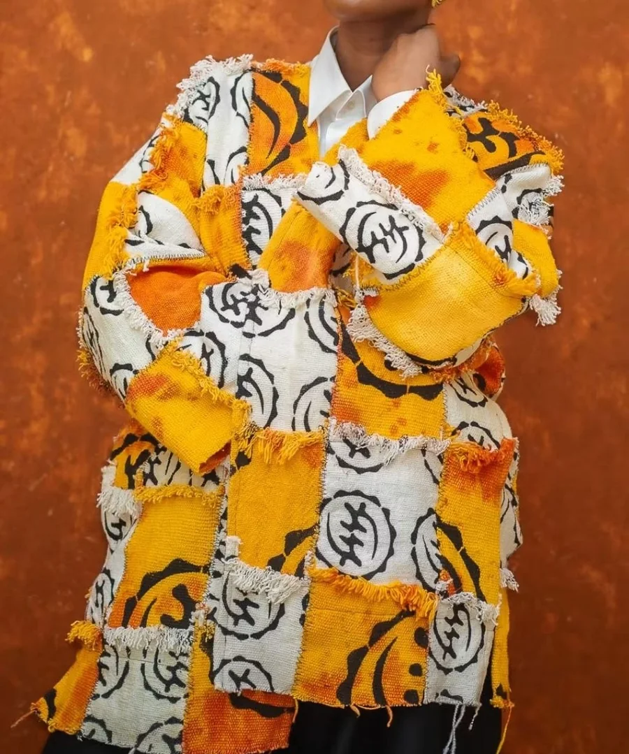 Veste patchwork jaune et écrue, bords frangés