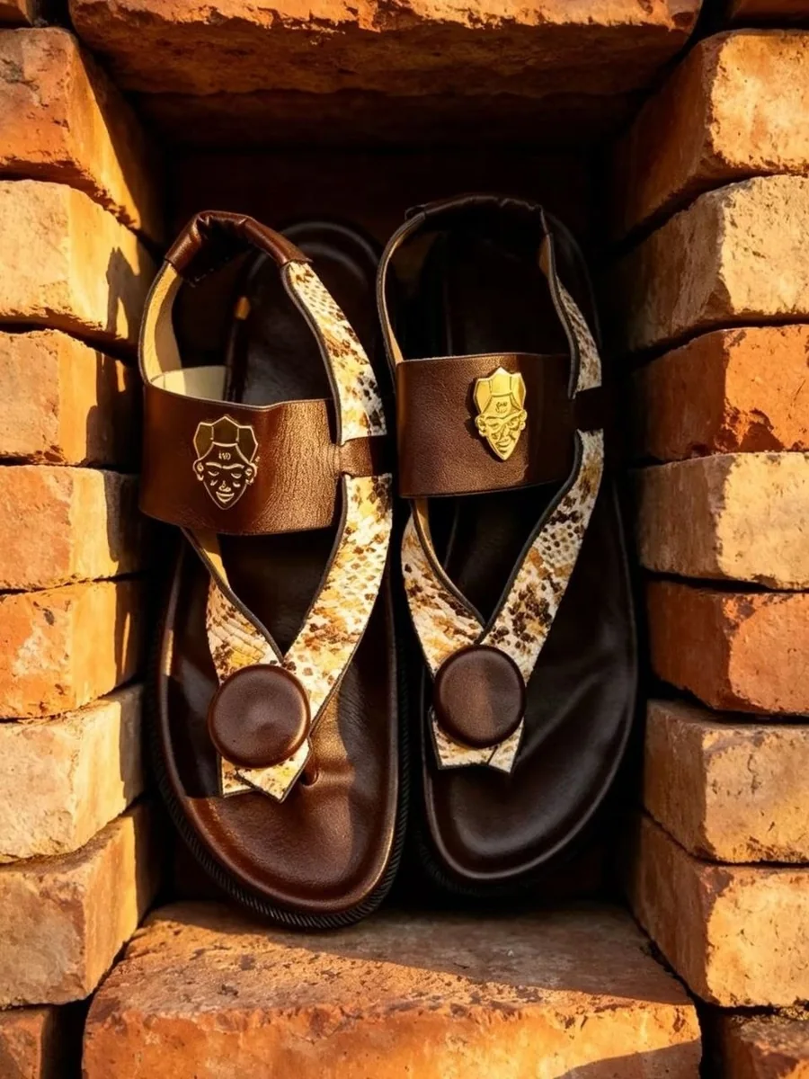 Sandales en cuir brun et imprimé reptile, médaillon doré du visage Kignon, dans une niche de briques