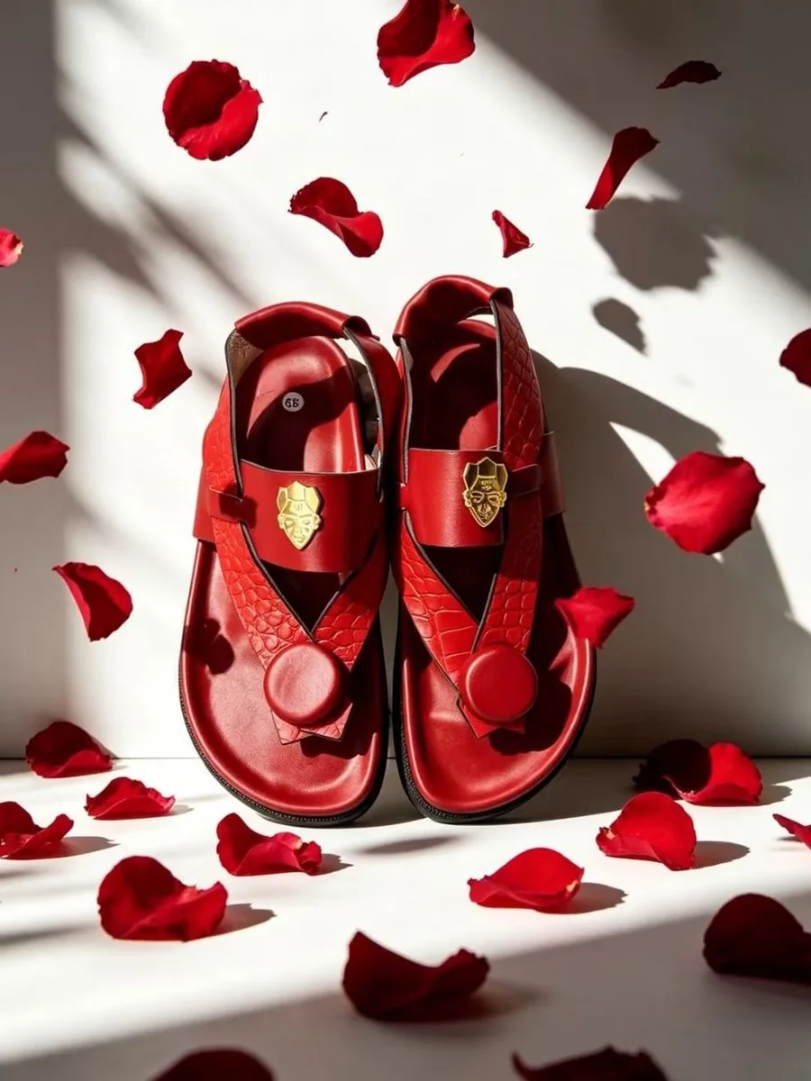 Sandales Nova Rouge parmi des pétales de rose